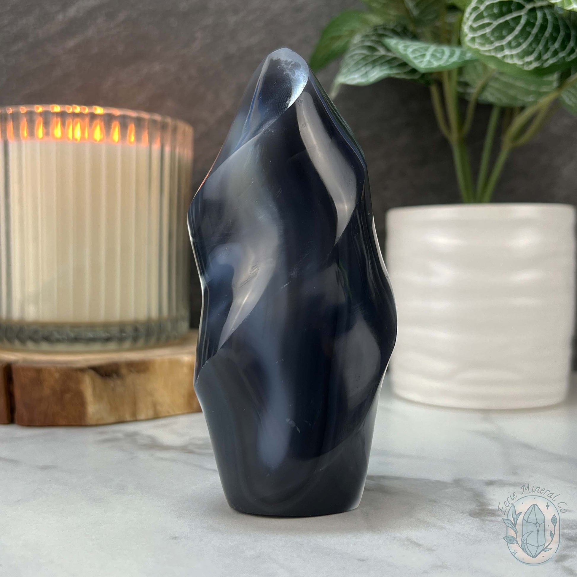 Polished Black and White Orca Agate Flame Carving
