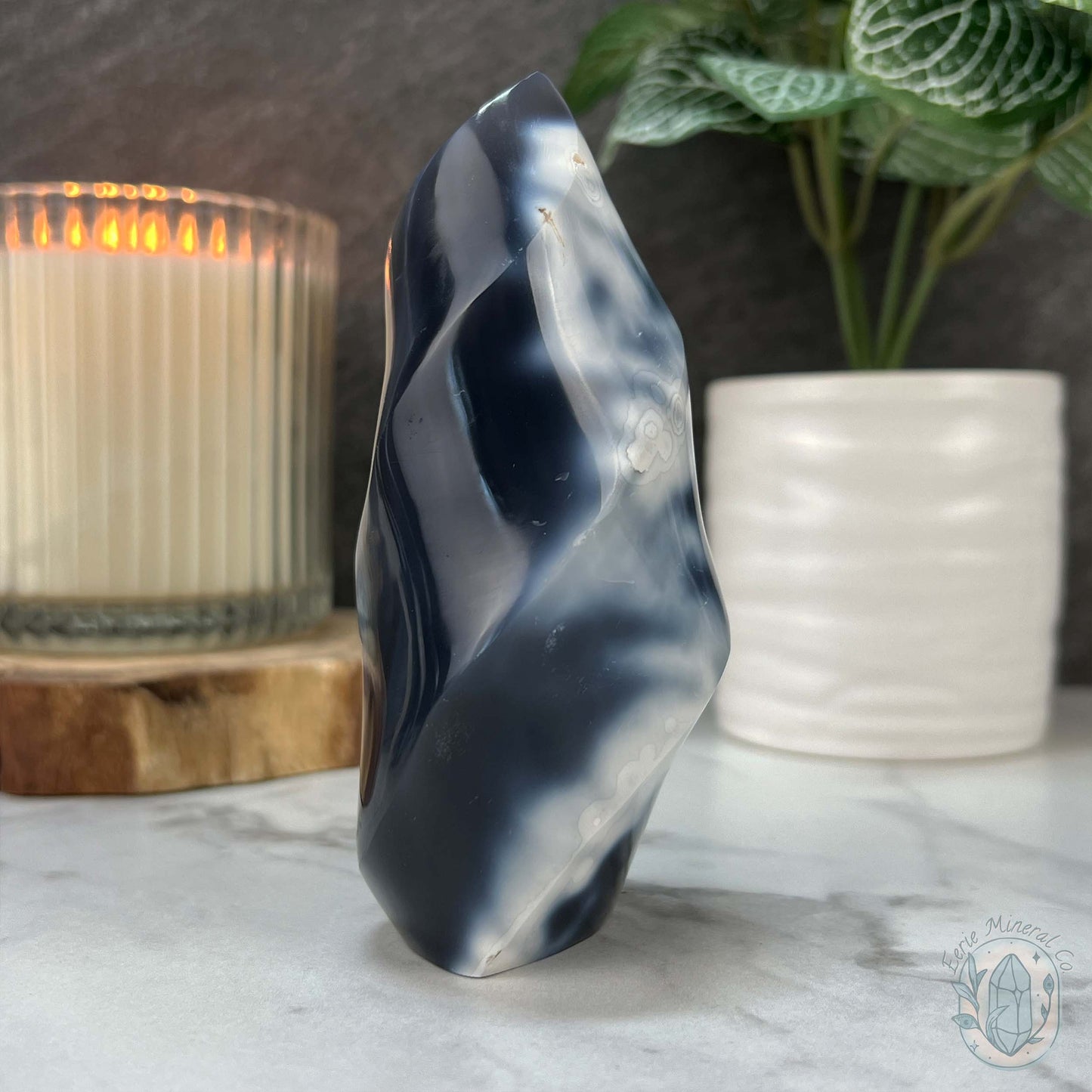 Polished Black and White Orca Agate Flame Carving
