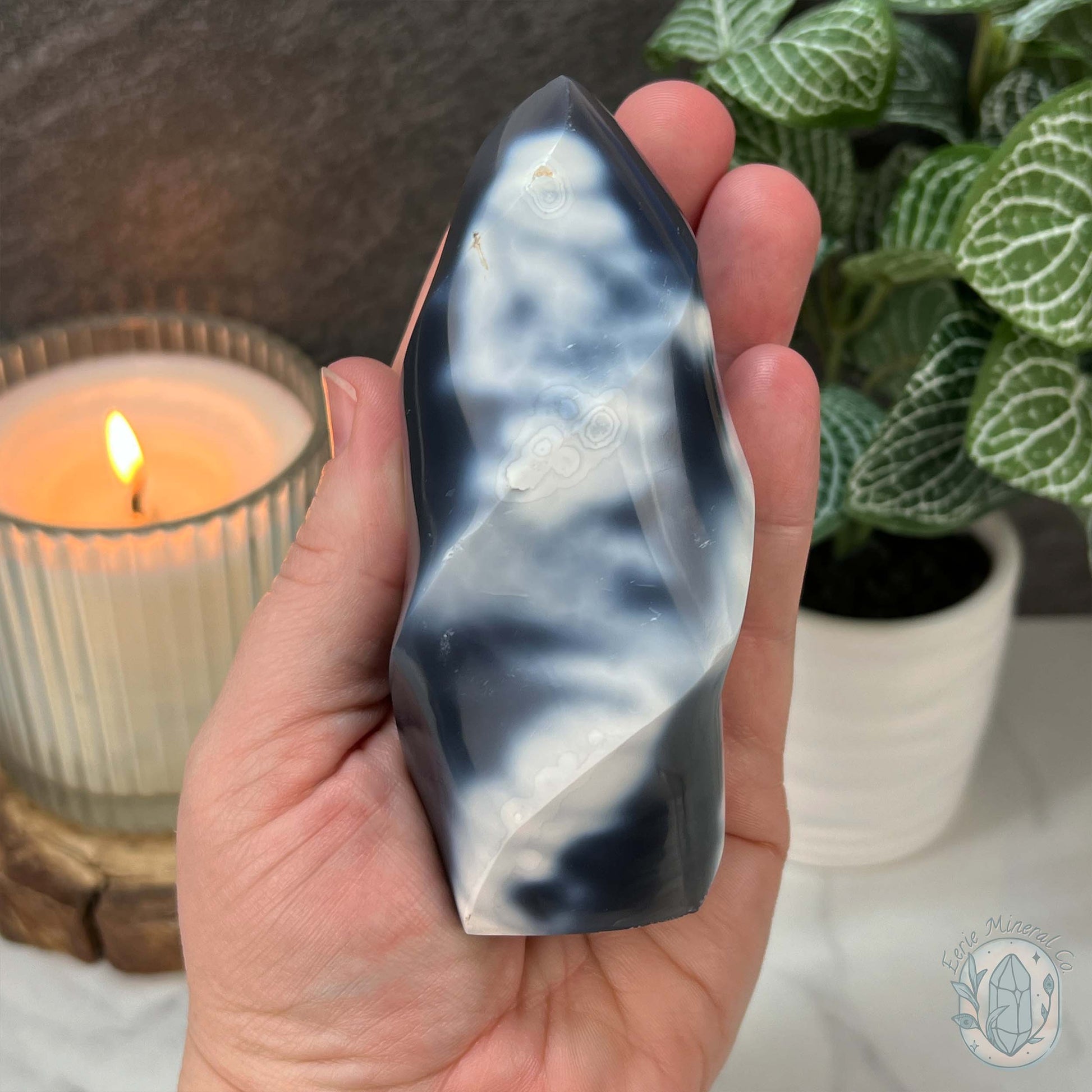 Polished Black and White Orca Agate Flame Carving