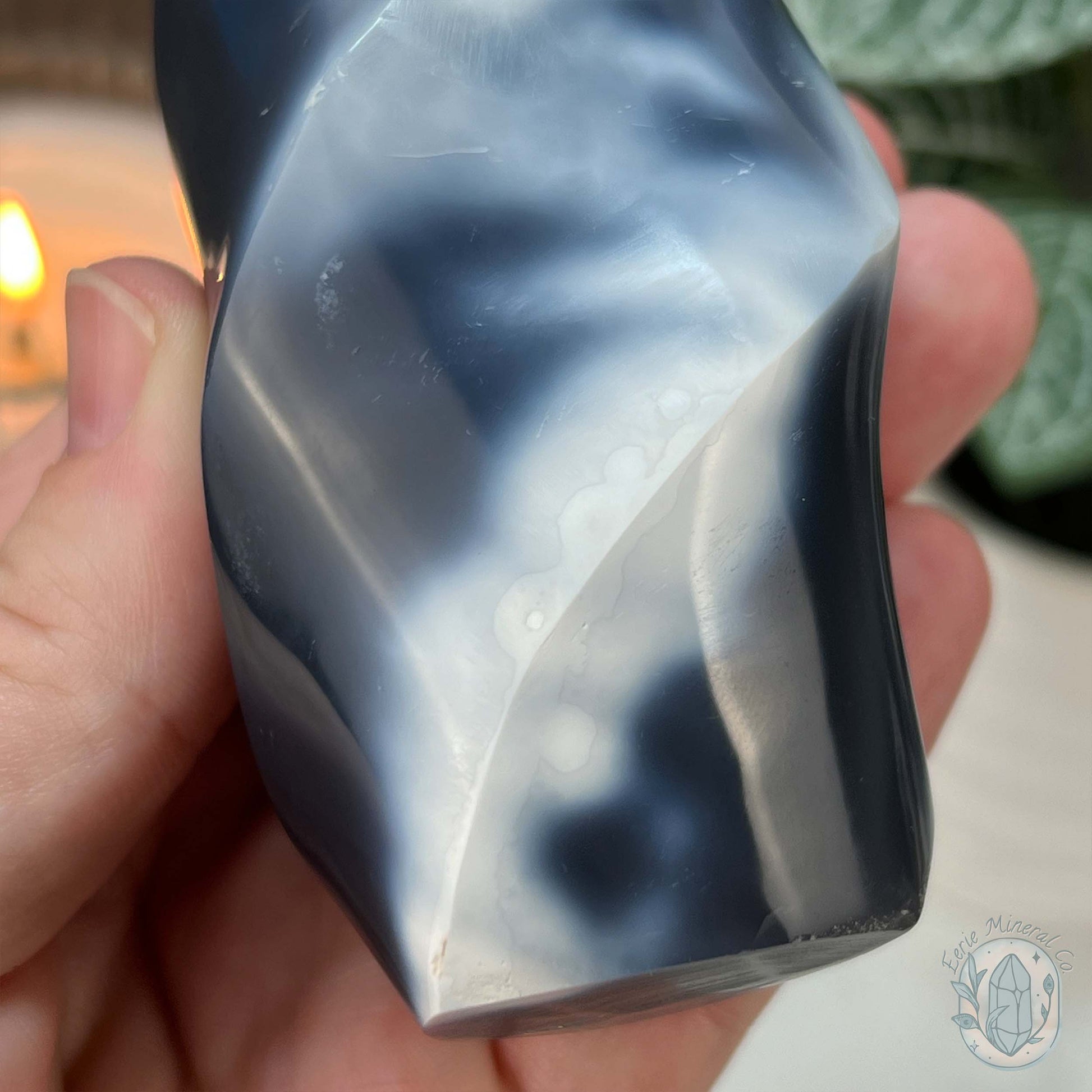 Polished Black and White Orca Agate Flame Carving