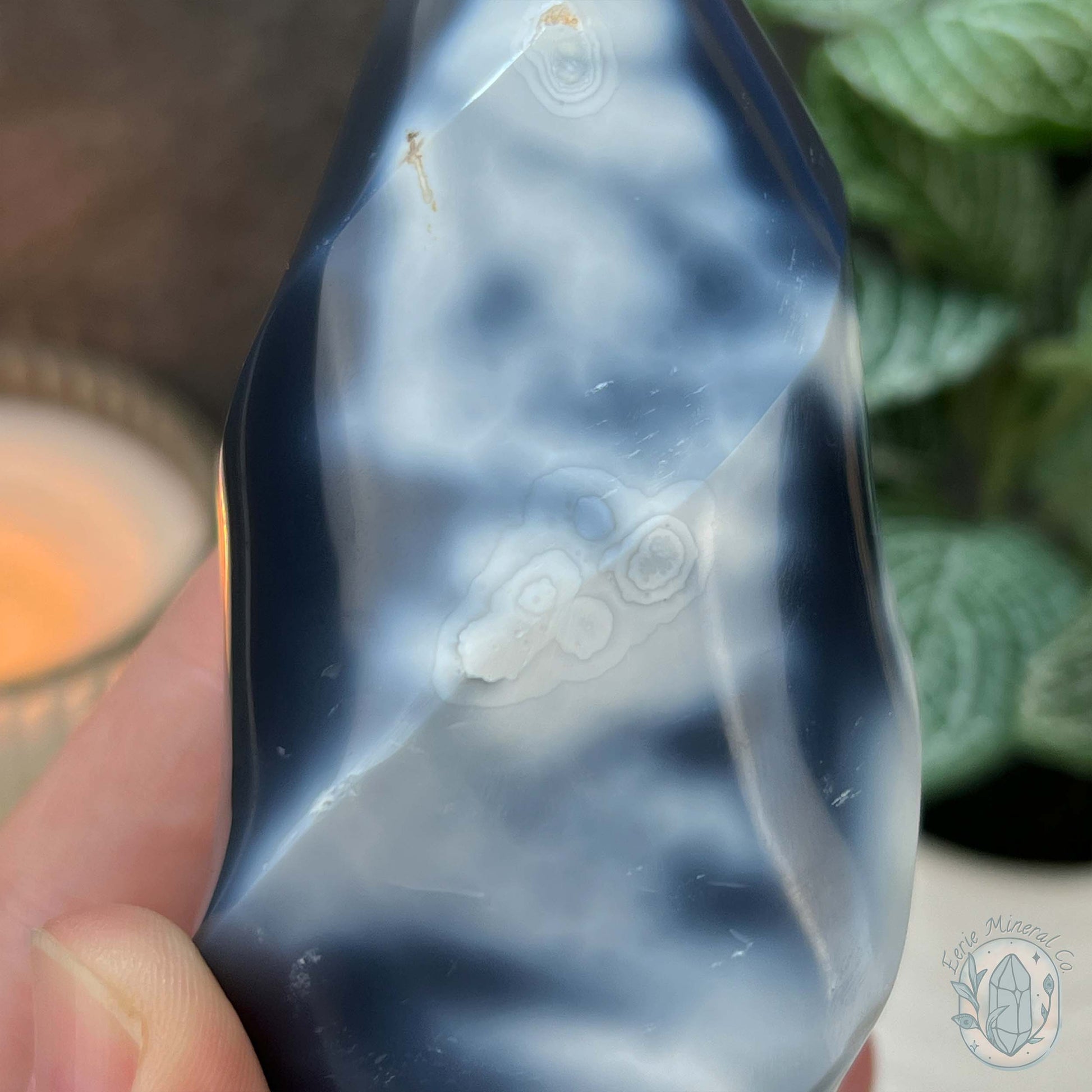 Polished Black and White Orca Agate Flame Carving