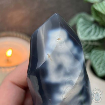 Polished Black and White Orca Agate Flame Carving