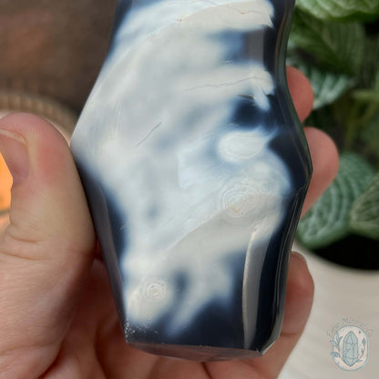 Polished Black and White Orca Agate Flame Carving