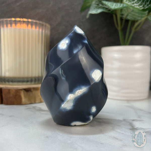 Polished Black and White Orca Agate Flame Carving