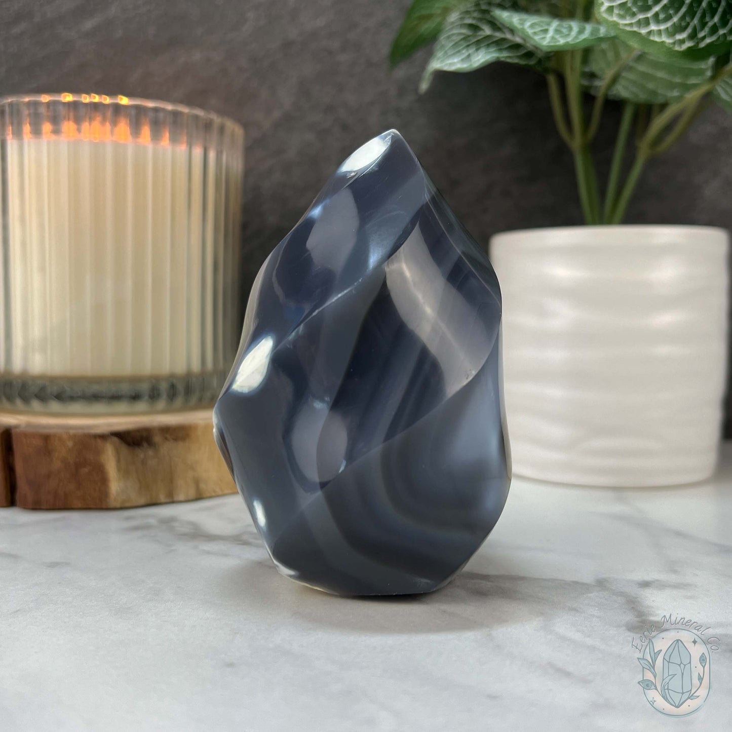 Polished Black and White Orca Agate Flame Carving