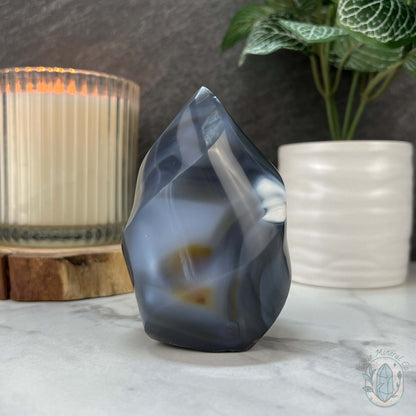 Polished Black and White Orca Agate Flame Carving