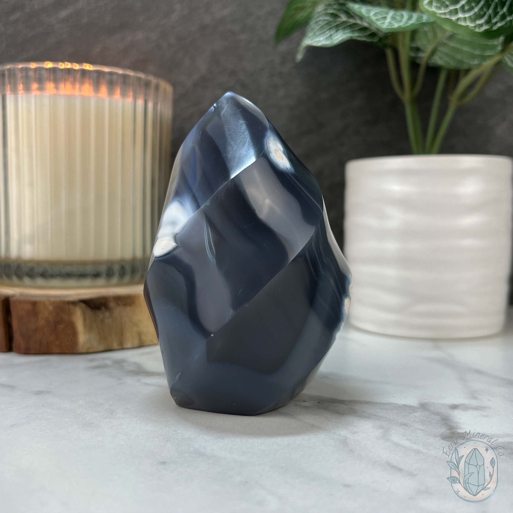 Polished Black and White Orca Agate Flame Carving