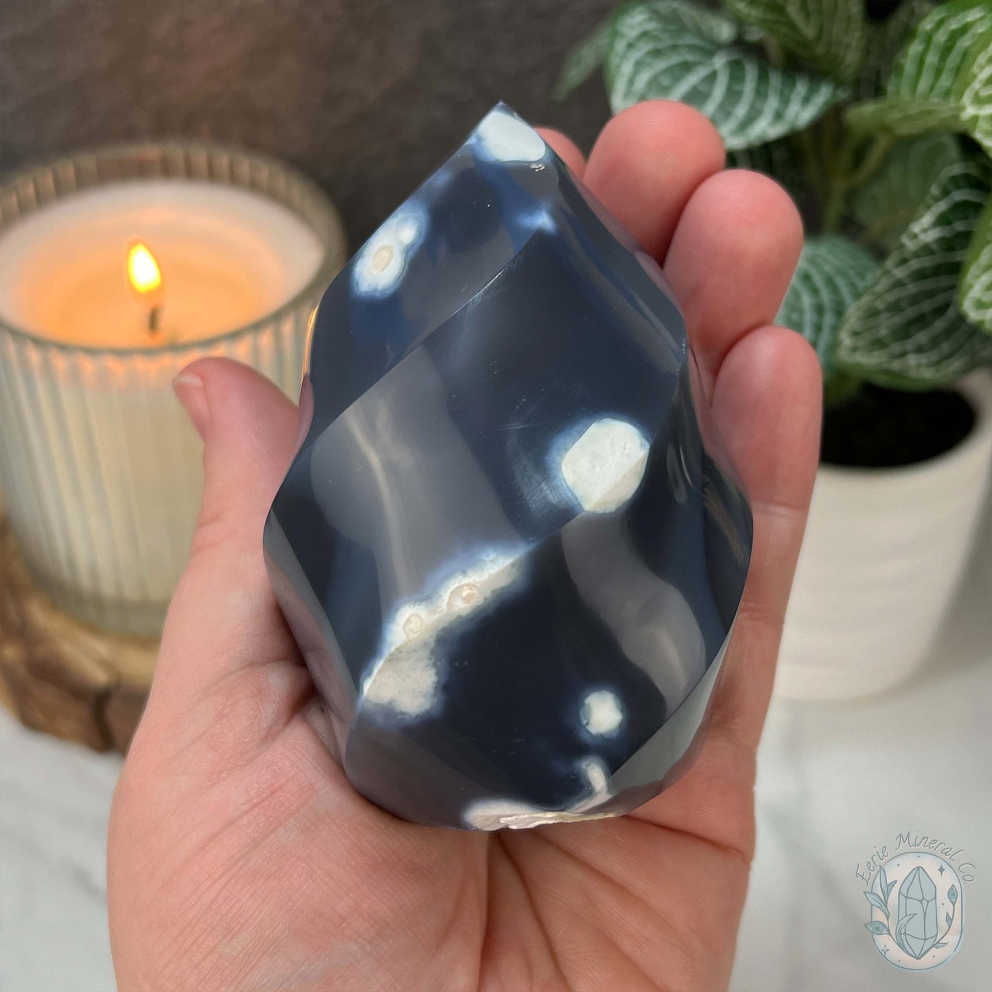 Polished Black and White Orca Agate Flame Carving