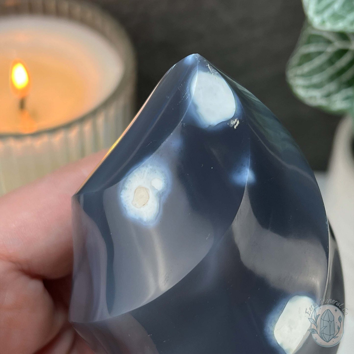 Polished Black and White Orca Agate Flame Carving