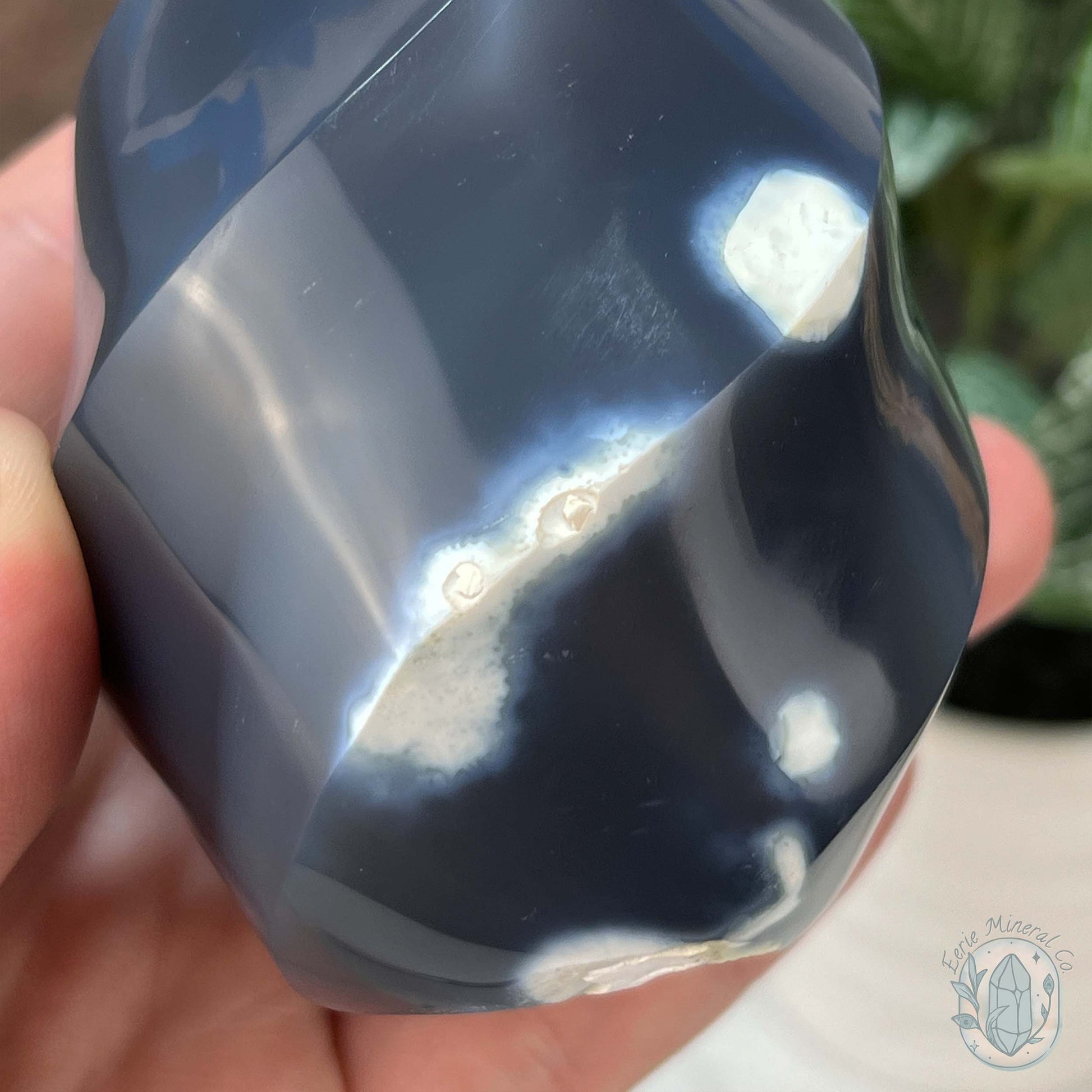 Polished Black and White Orca Agate Flame Carving
