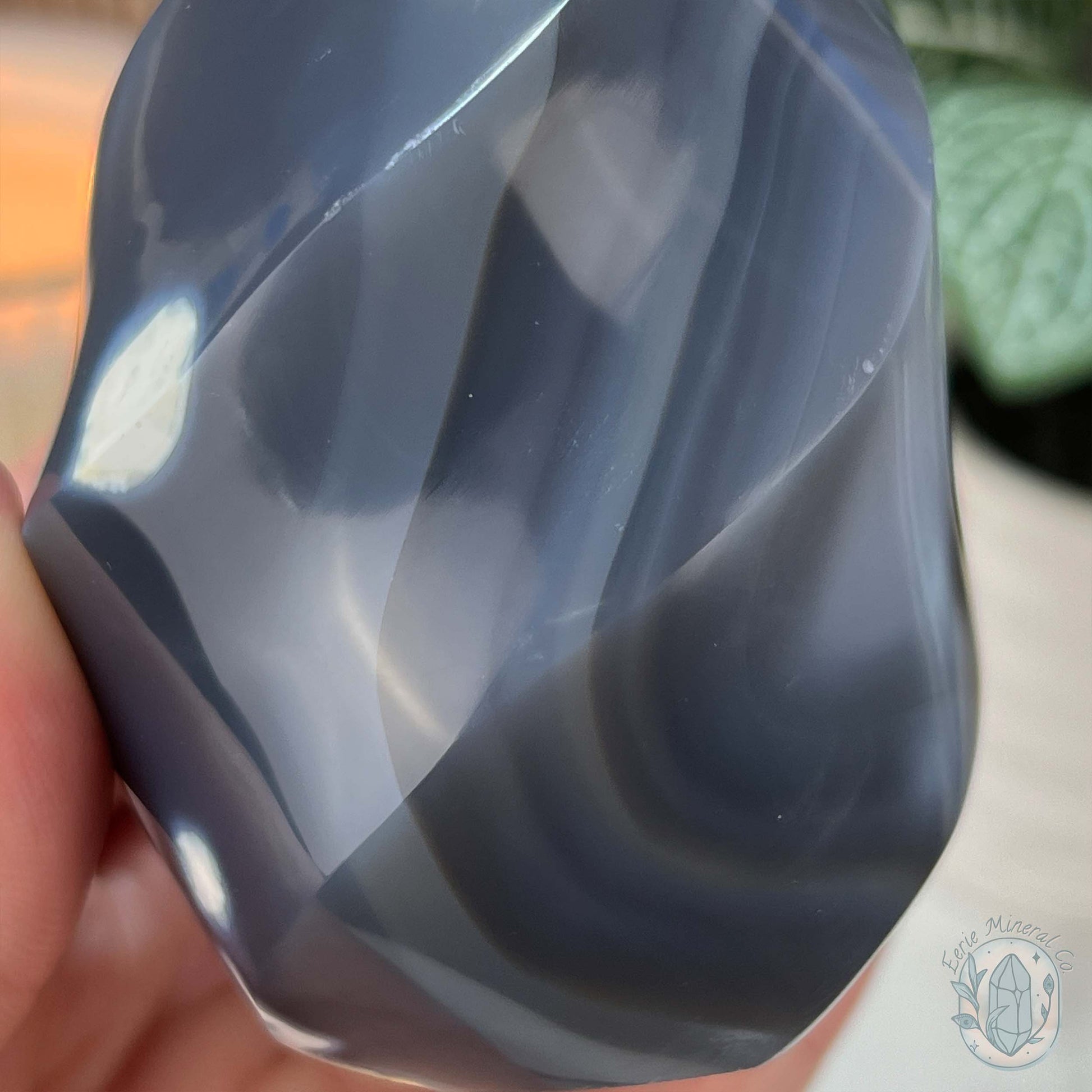 Polished Black and White Orca Agate Flame Carving