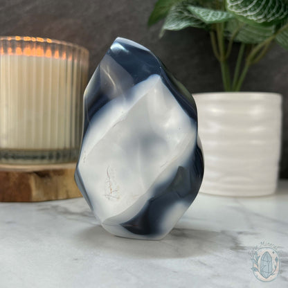 Polished Black and White Orca Agate Flame Carving