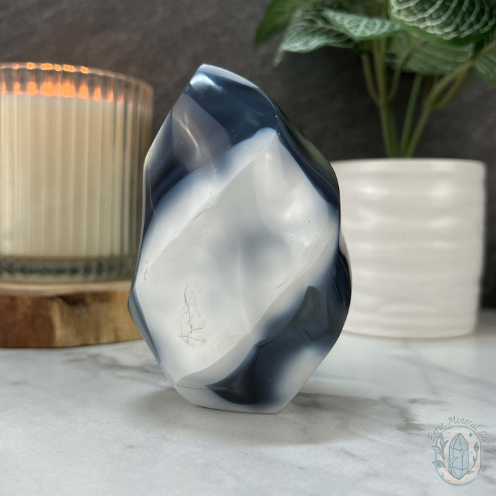 Polished Black and White Orca Agate Flame Carving