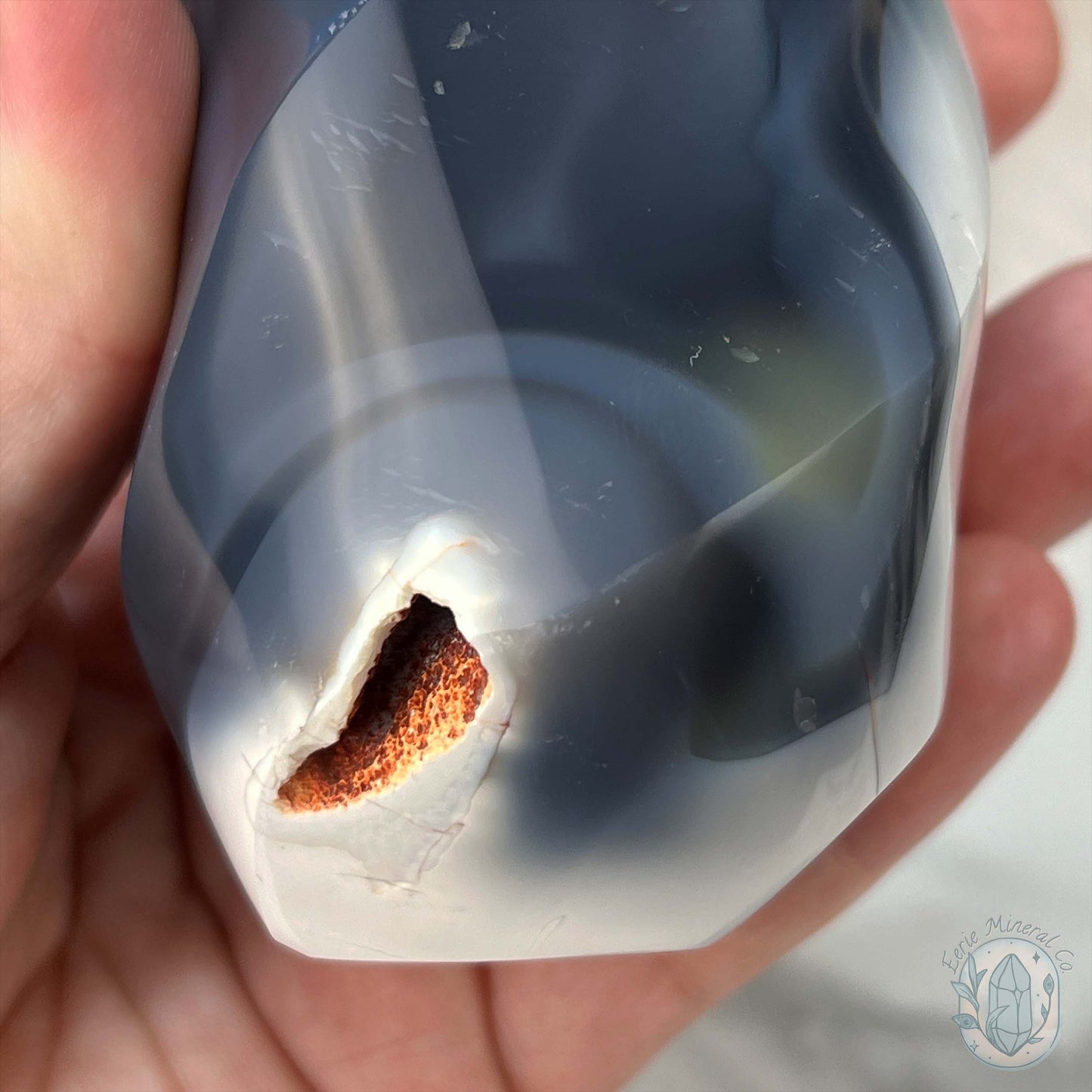Polished Black and White Orca Agate Flame Carving