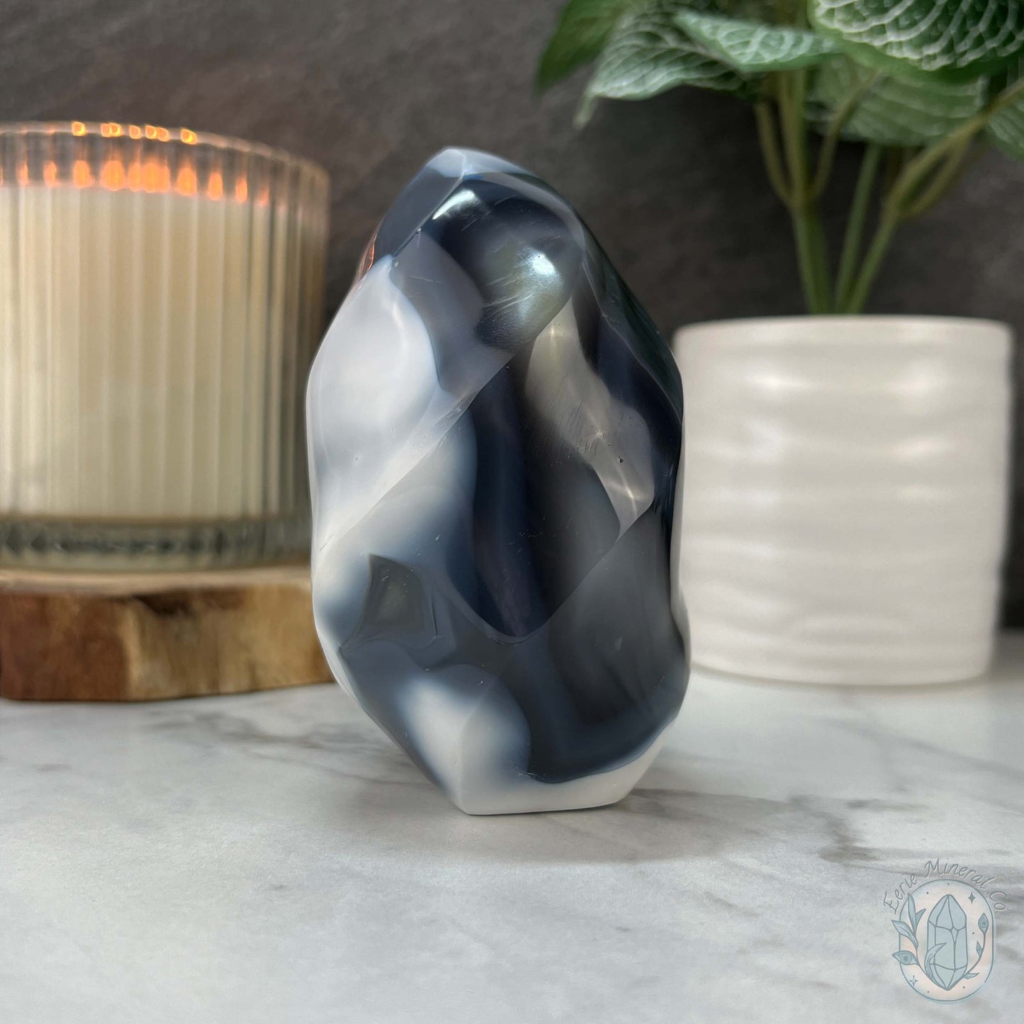 Polished Black and White Orca Agate Flame Carving