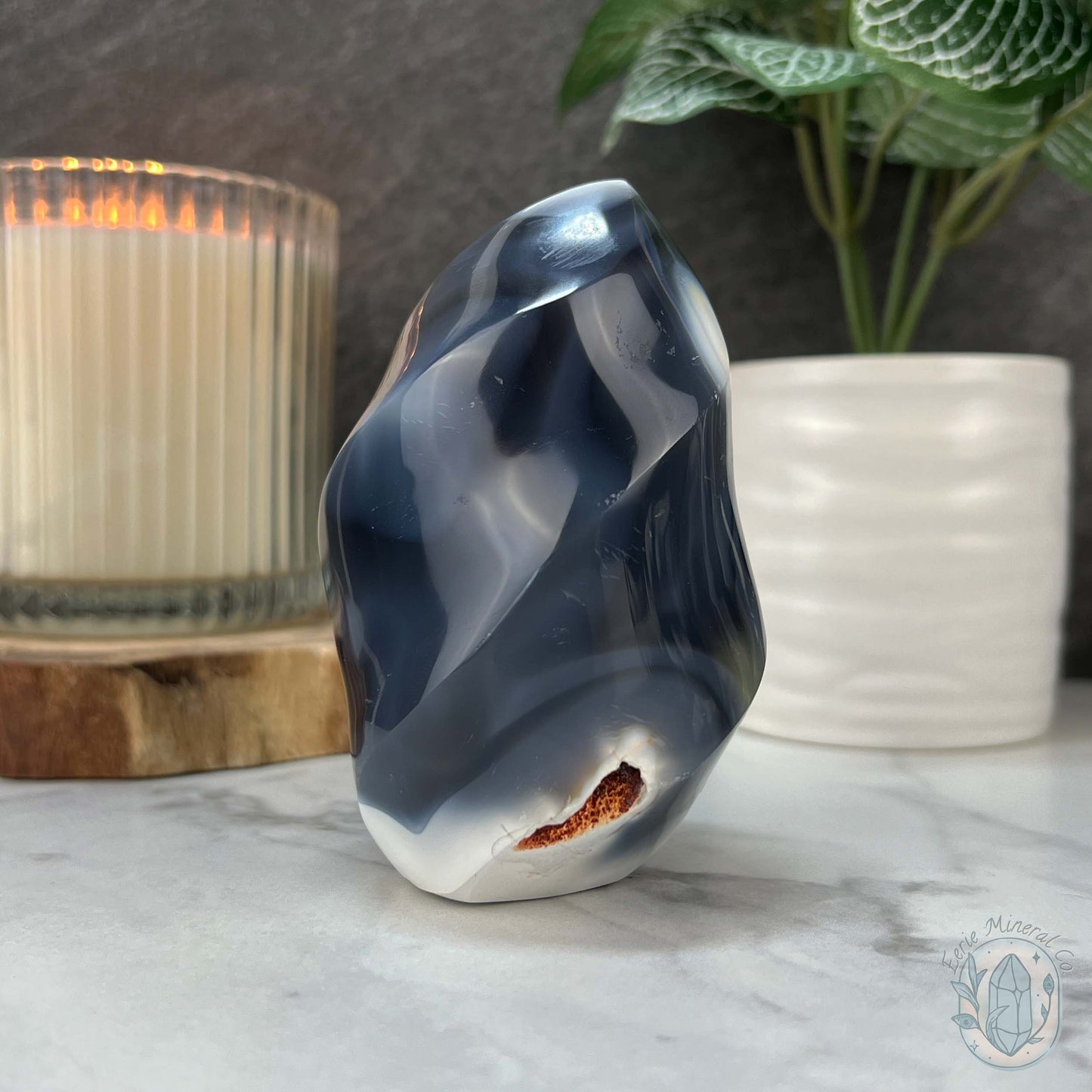 Polished Black and White Orca Agate Flame Carving
