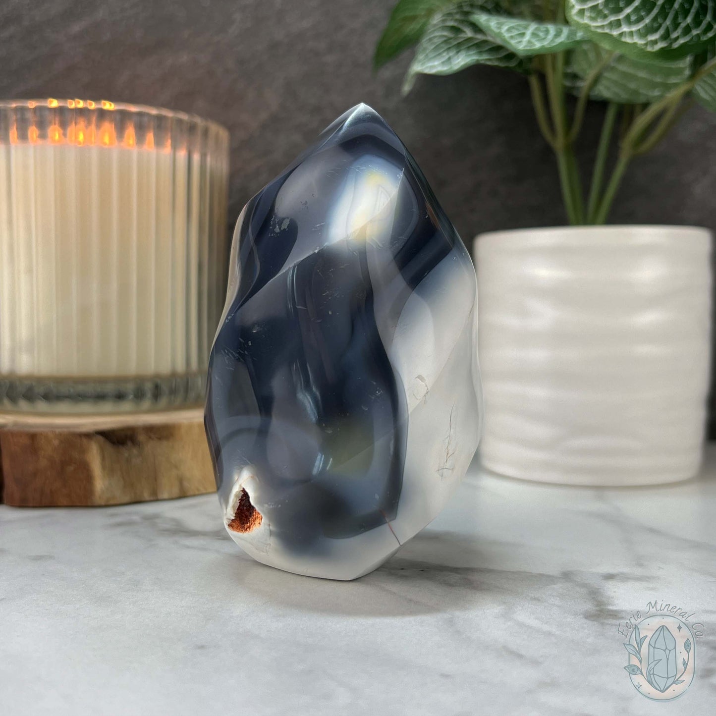 Polished Black and White Orca Agate Flame Carving
