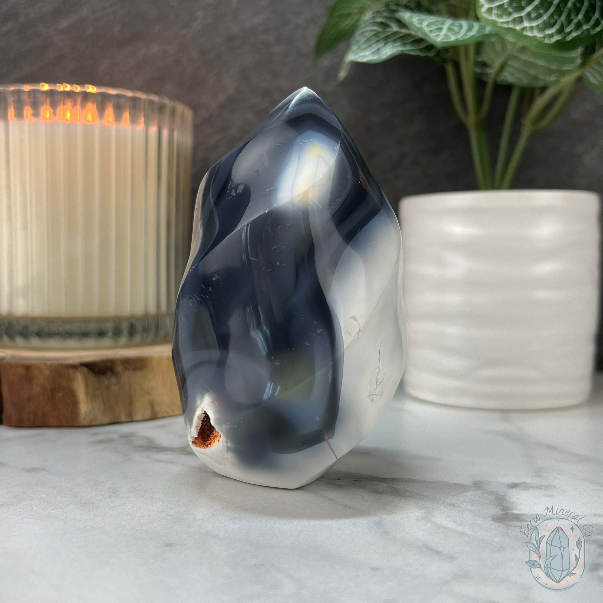 Polished Black and White Orca Agate Flame Carving