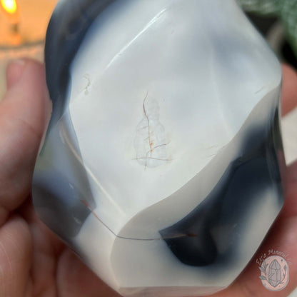 Polished Black and White Orca Agate Flame Carving