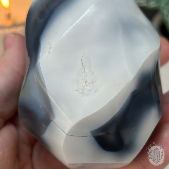 Polished Black and White Orca Agate Flame Carving