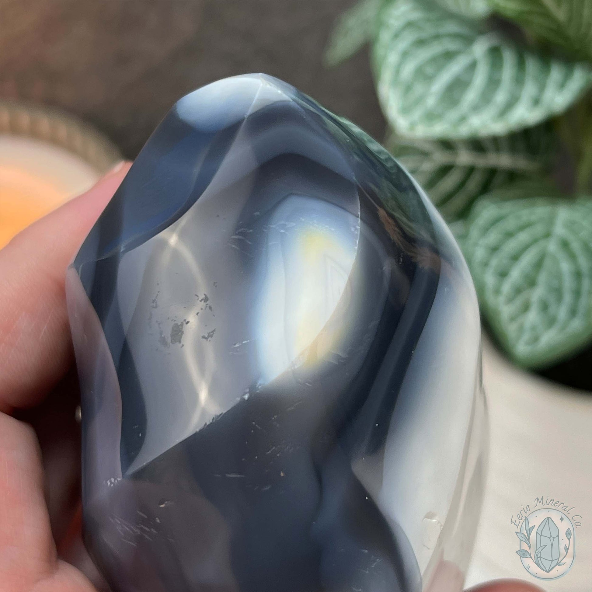 Polished Black and White Orca Agate Flame Carving