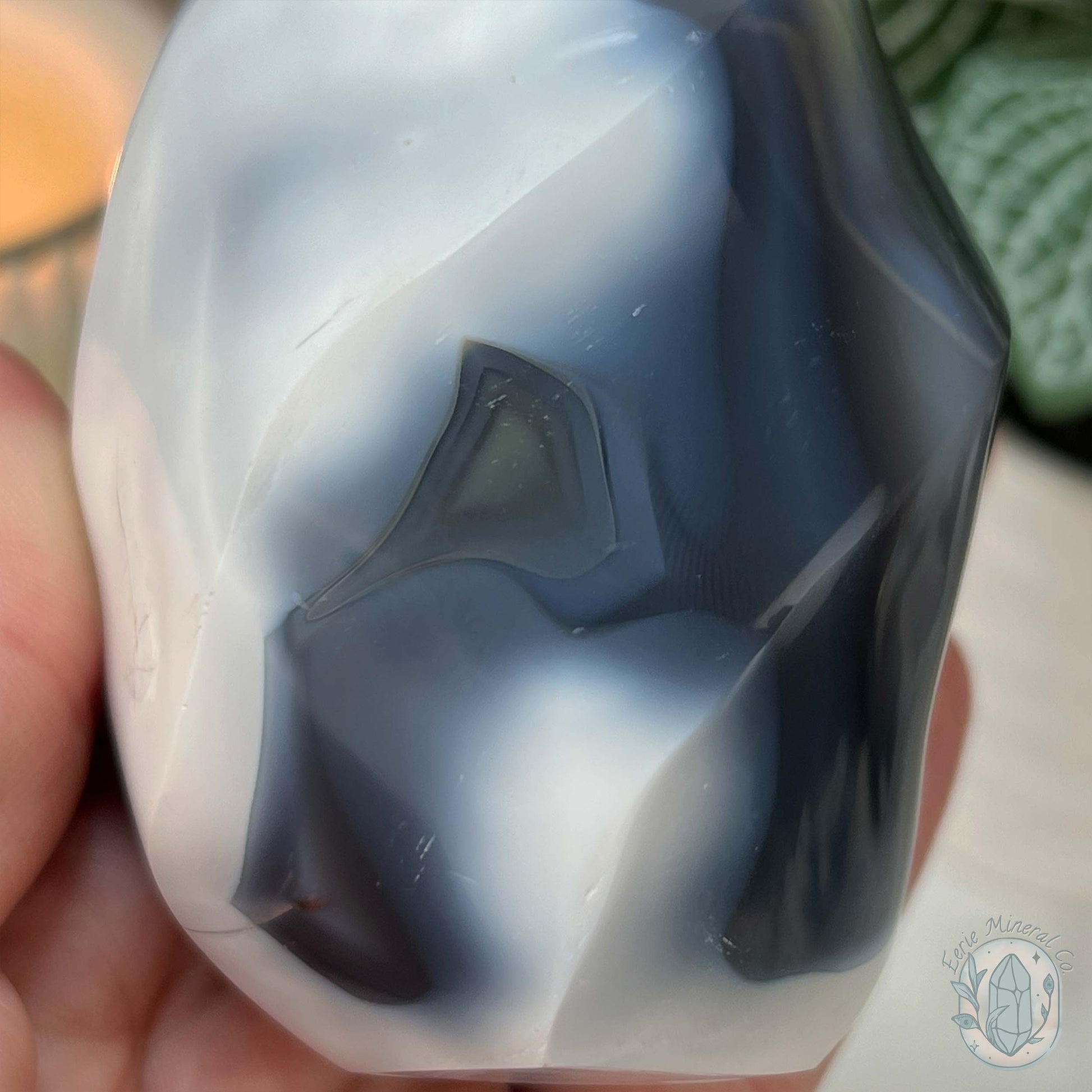 Polished Black and White Orca Agate Flame Carving