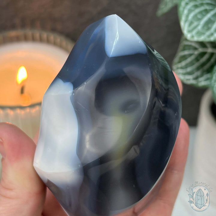 Polished Black and White Orca Agate Flame Carving