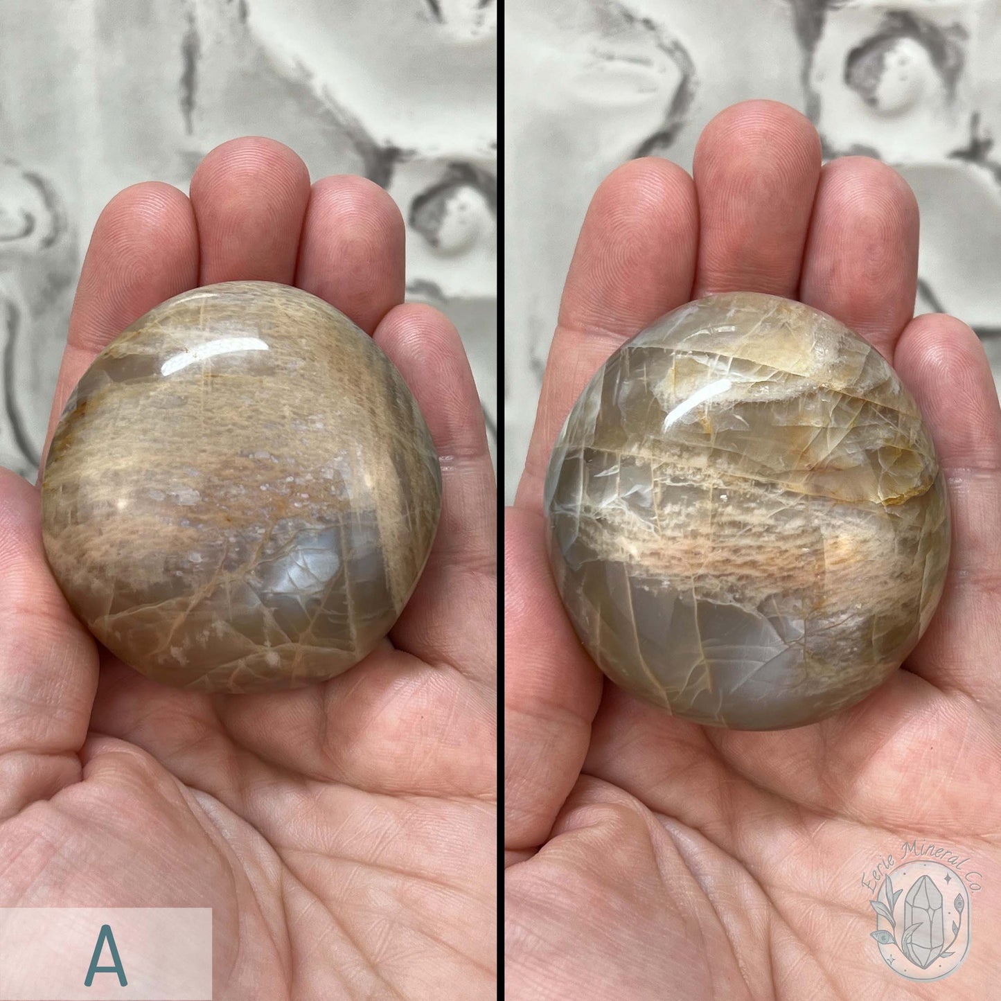 Peach Mooonstone With Silver Flash Palm Stones