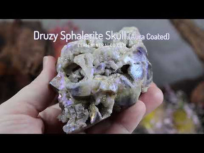 Rainbow Aura Sphalerite Skull With Druzy Quartz