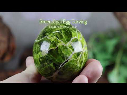 Green Opal Egg Carving with Free Hand-Carved Stand