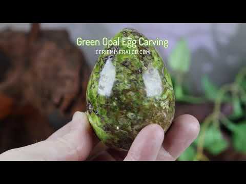 Green Opal Egg Carving with Free Hand-Carved Stand