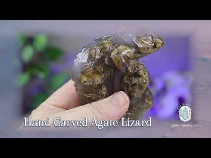Polished Agate Lizard Perched on Rock Carving
