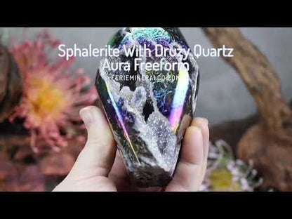 Rainbow Aura Sphalerite with Druzy Quartz Freeform