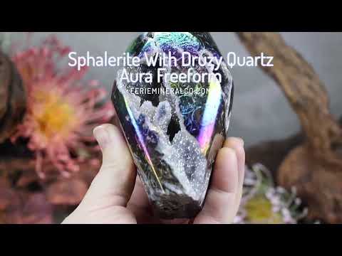 Rainbow Aura Sphalerite with Druzy Quartz Freeform