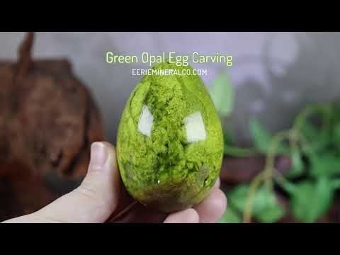 Green Opal Egg Carving with Free Hand-Carved Stand