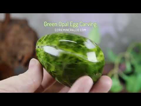 Green Opal Egg Carving with Free Hand-Carved Stand