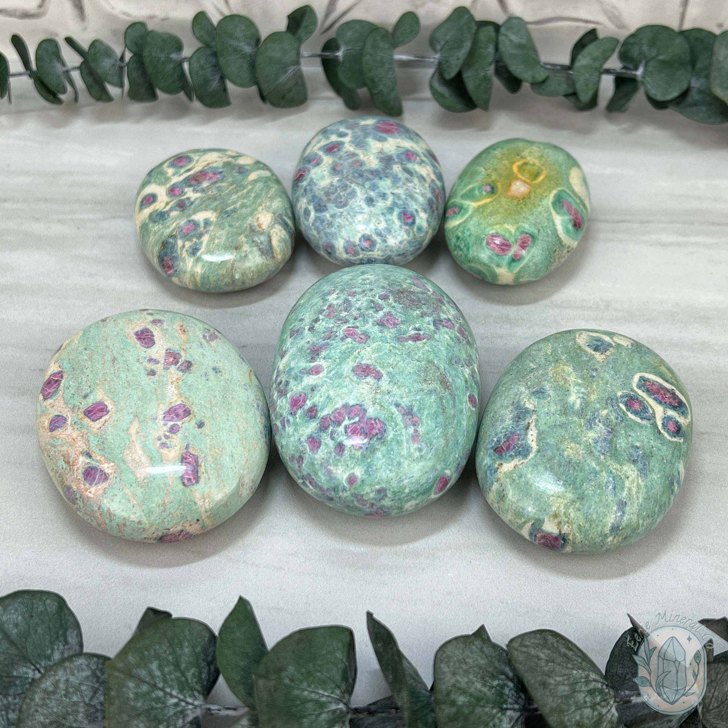 Polished Ruby Fuchsite Palm Stones From India