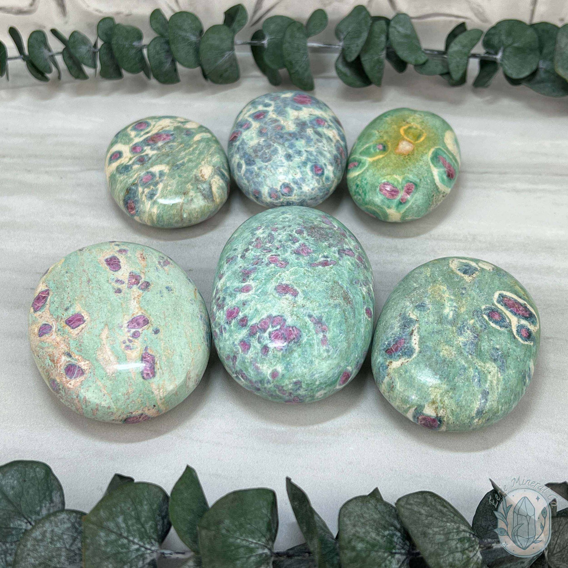 Polished Ruby Fuchsite Palm Stones From India