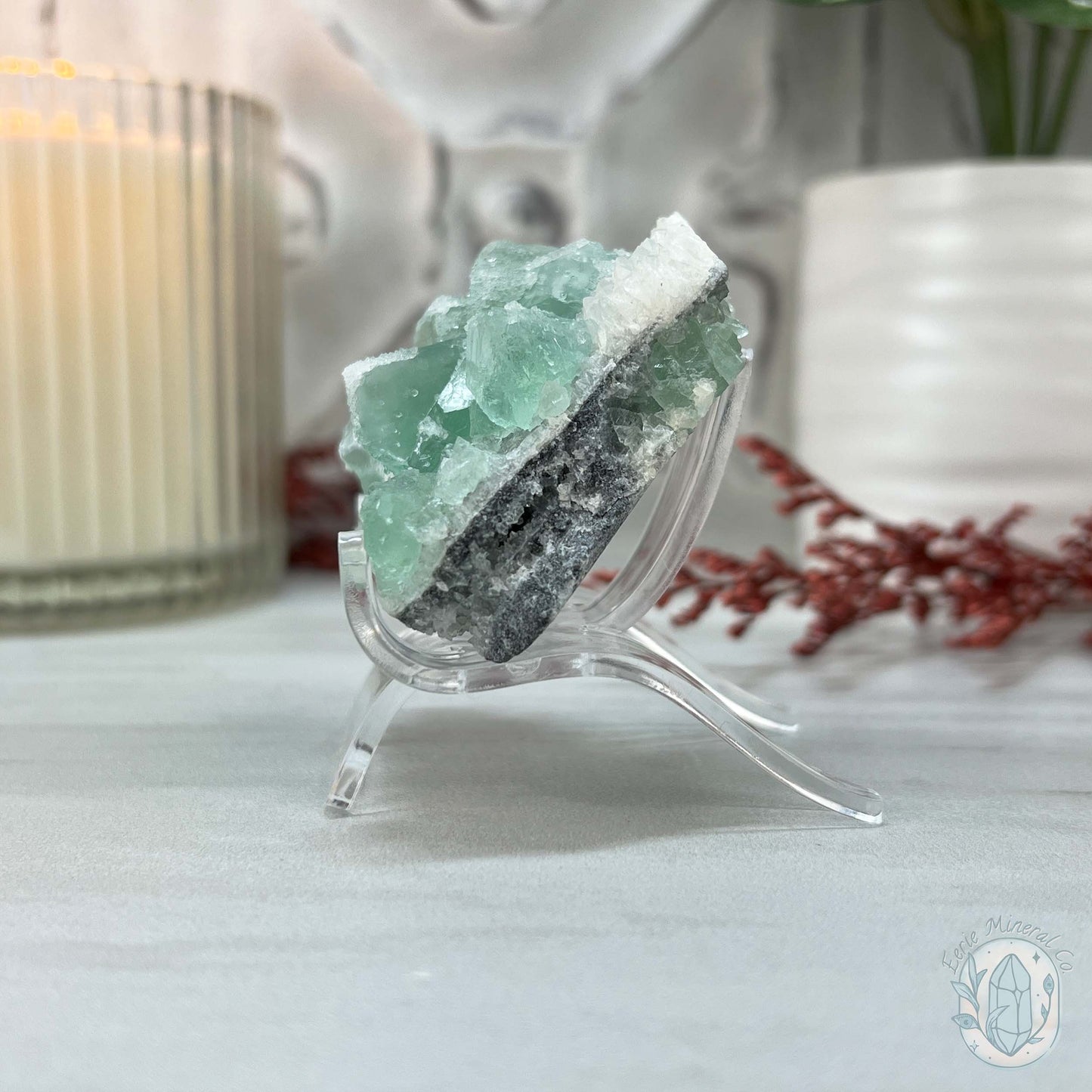 UV Reactive Green Fluorite With Druzy Quartz Specimen