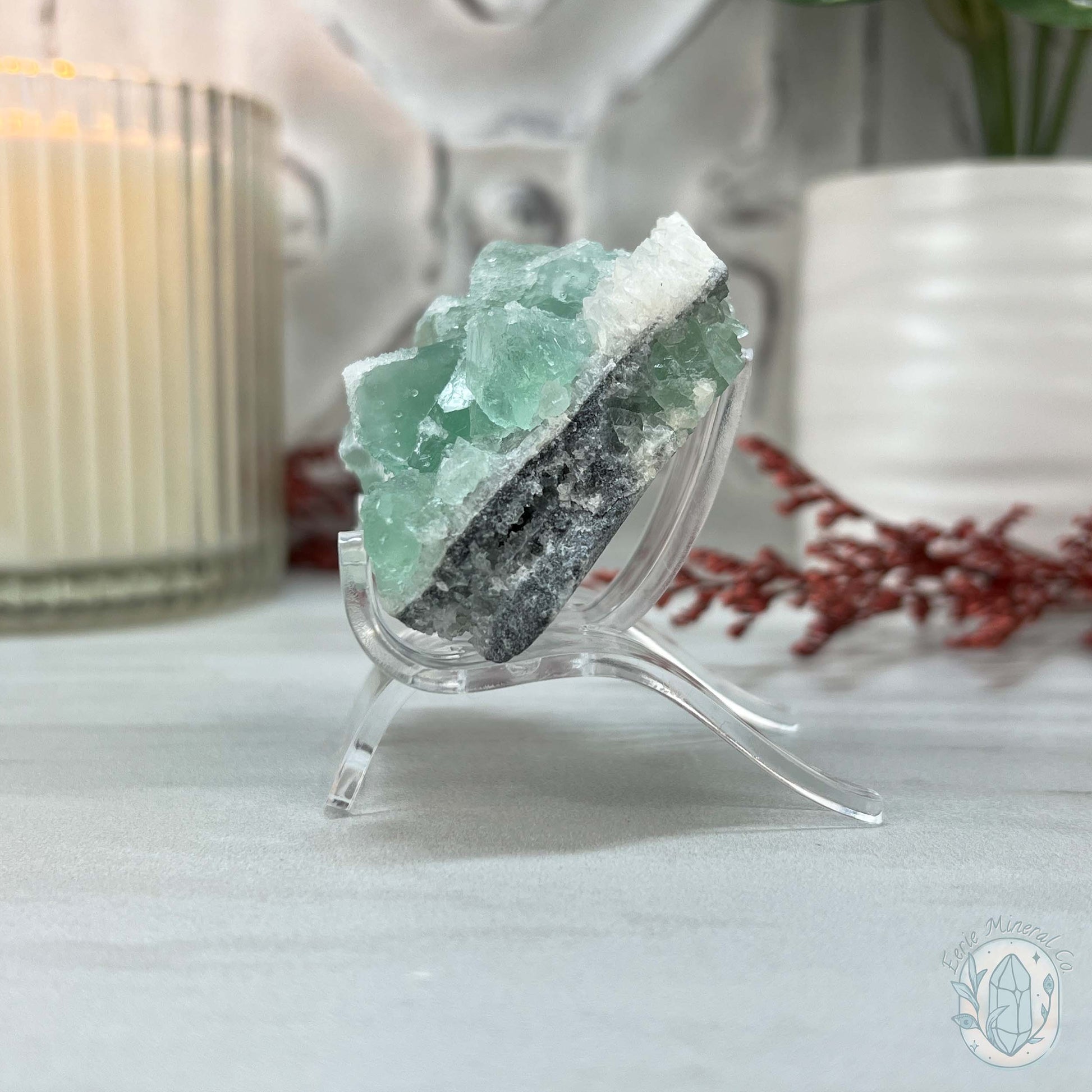 UV Reactive Green Fluorite With Druzy Quartz Specimen