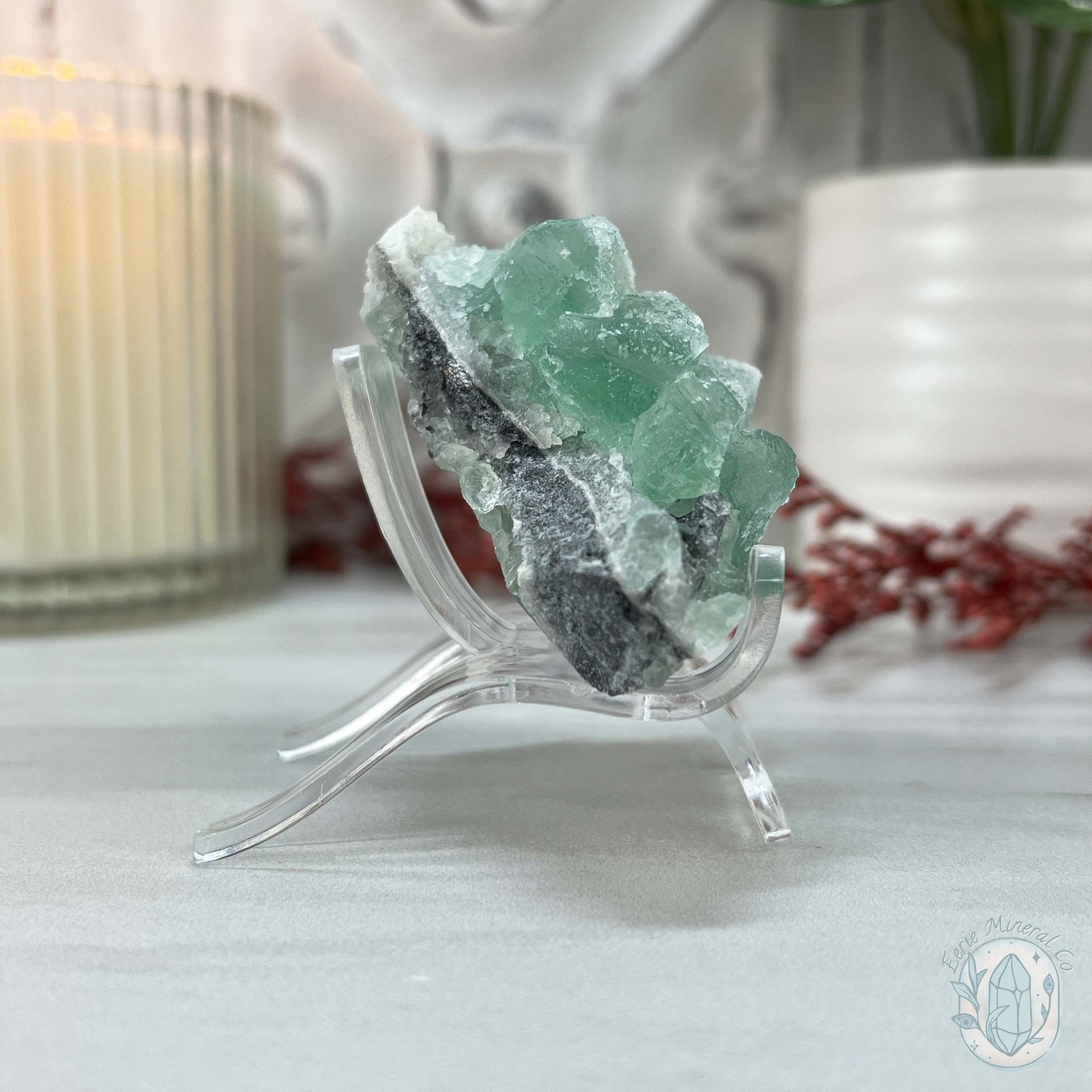 UV Reactive Green Fluorite With Druzy Quartz Specimen