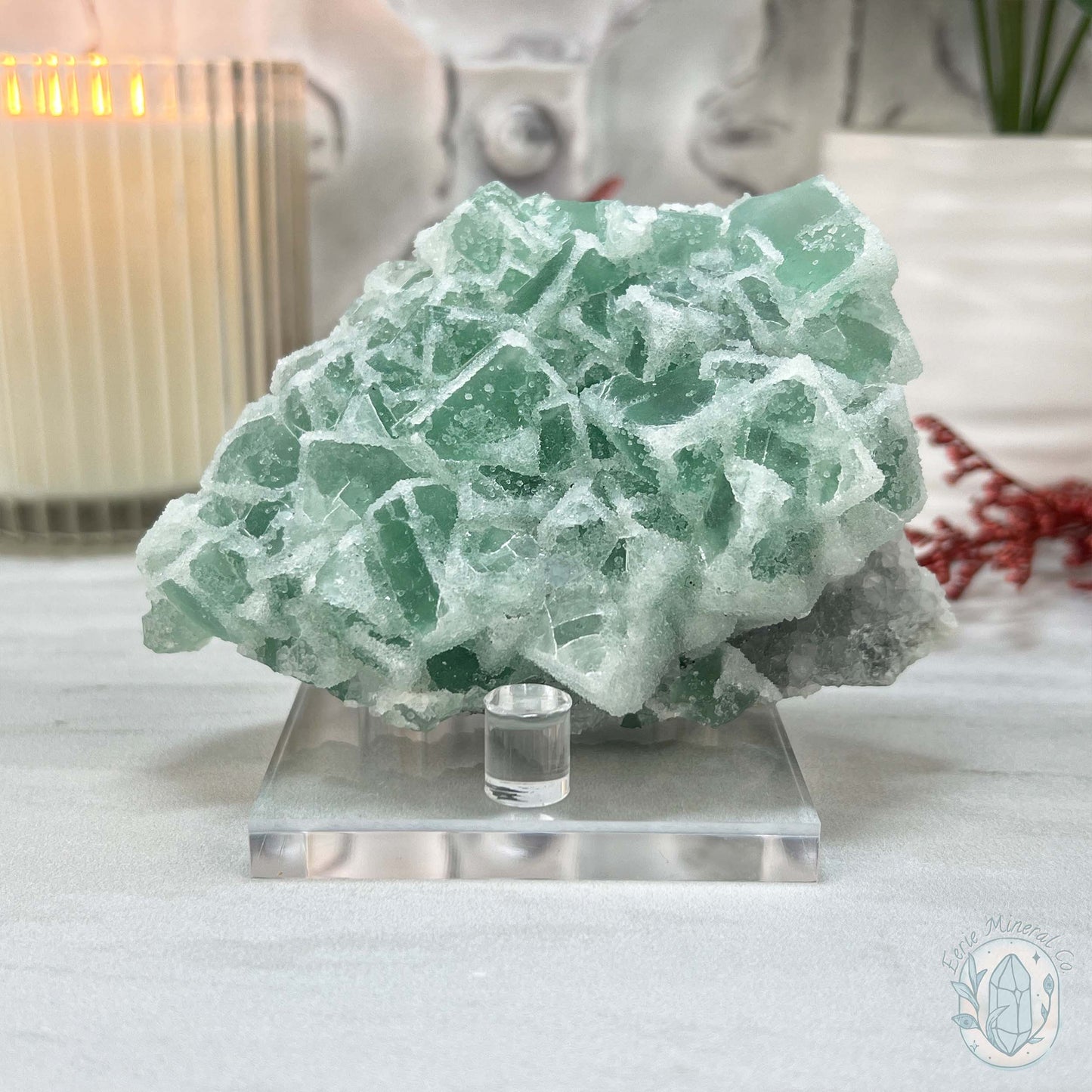 UV Reactive Green Fluorite With Druzy Quartz Specimen