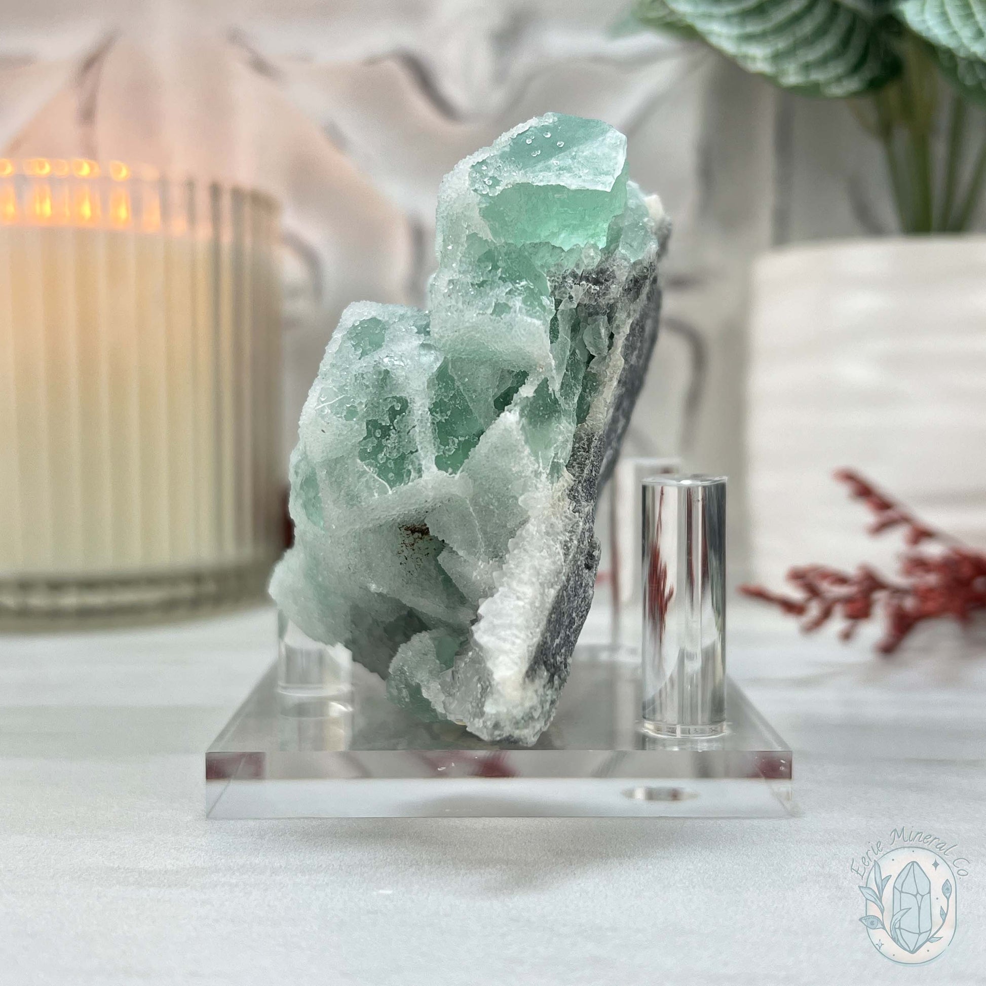 UV Reactive Green Fluorite With Druzy Quartz Specimen