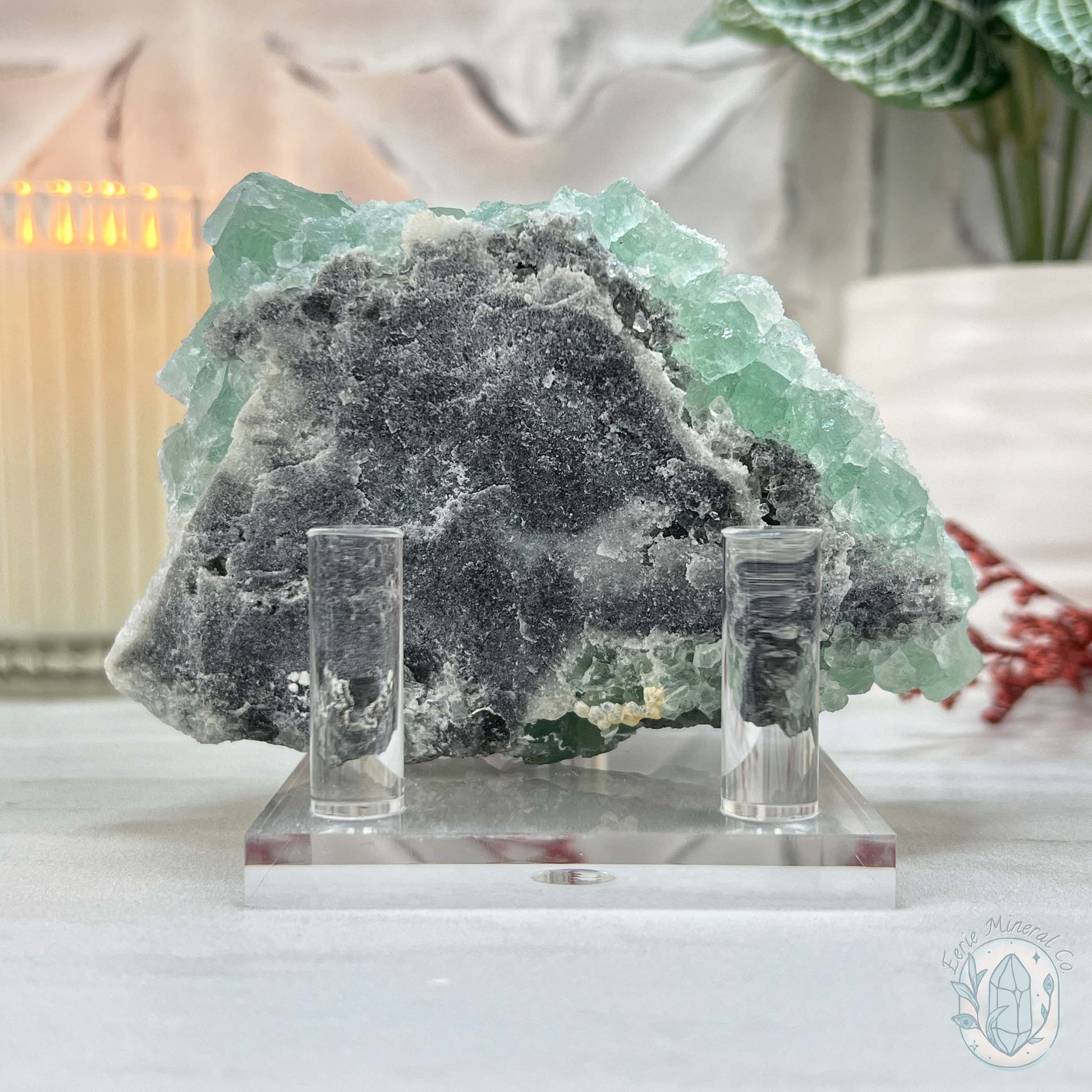 UV Reactive Green Fluorite With Druzy Quartz Specimen