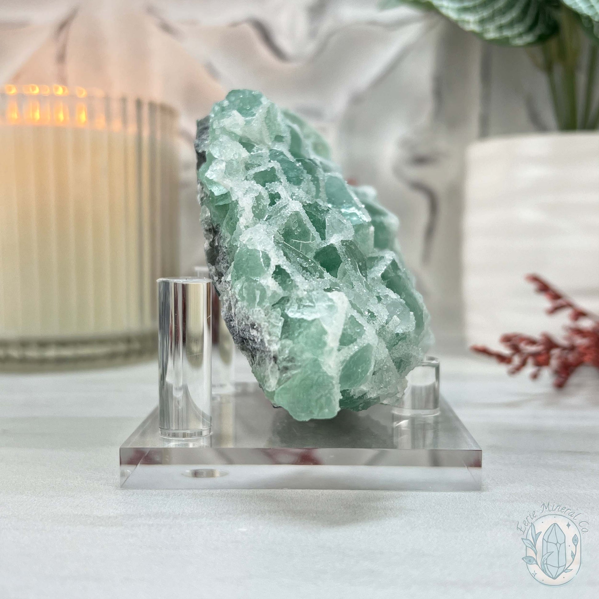 UV Reactive Green Fluorite With Druzy Quartz Specimen