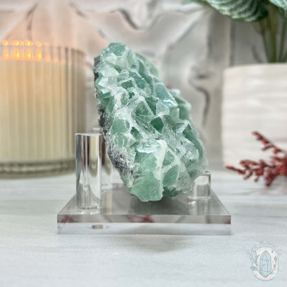UV Reactive Green Fluorite With Druzy Quartz Specimen