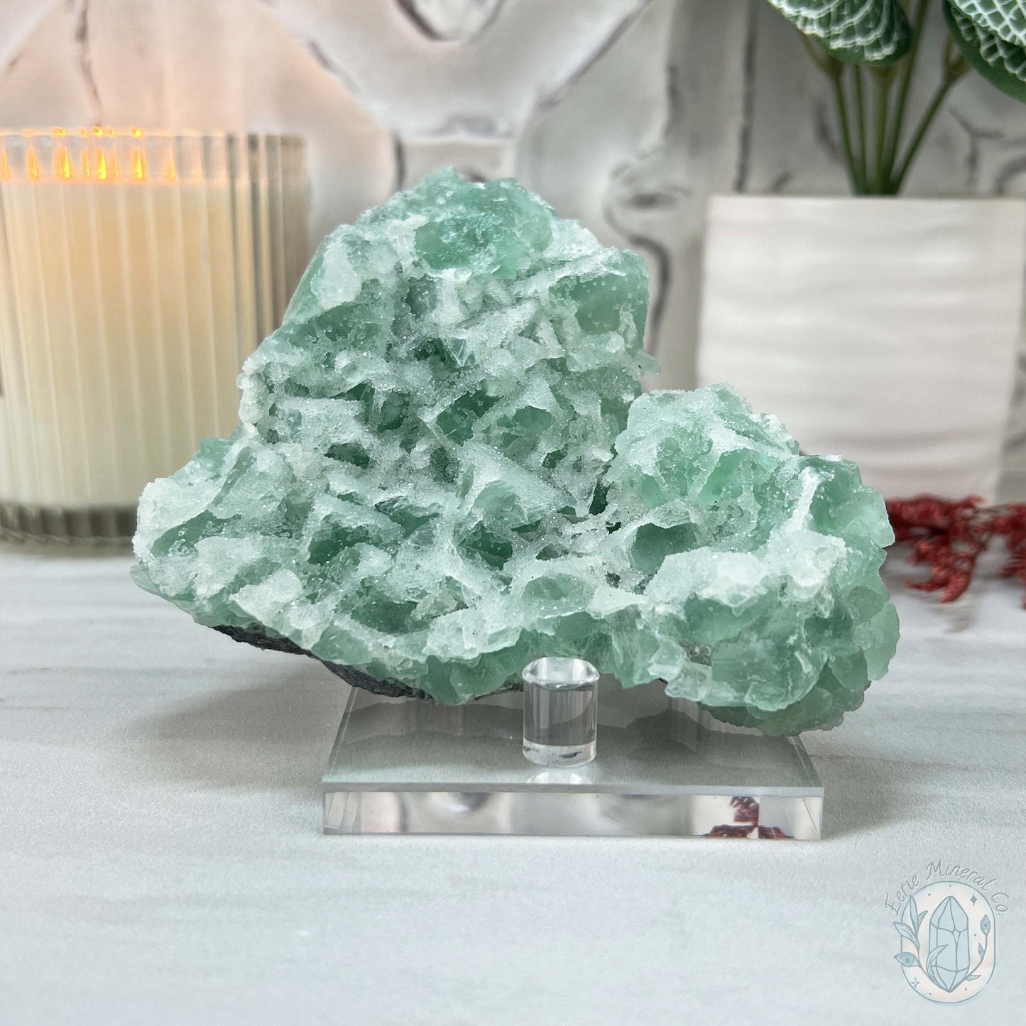 UV Reactive Green Fluorite With Druzy Quartz Specimen