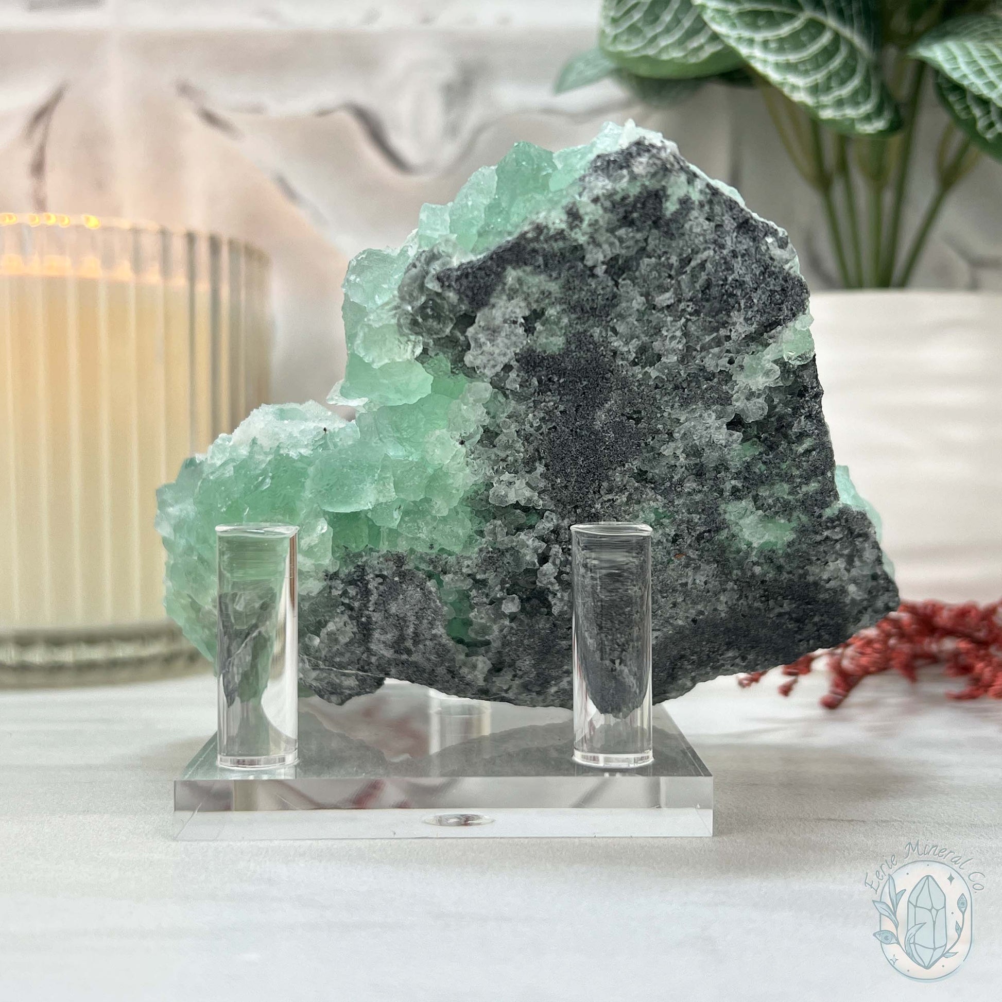 UV Reactive Green Fluorite With Druzy Quartz Specimen