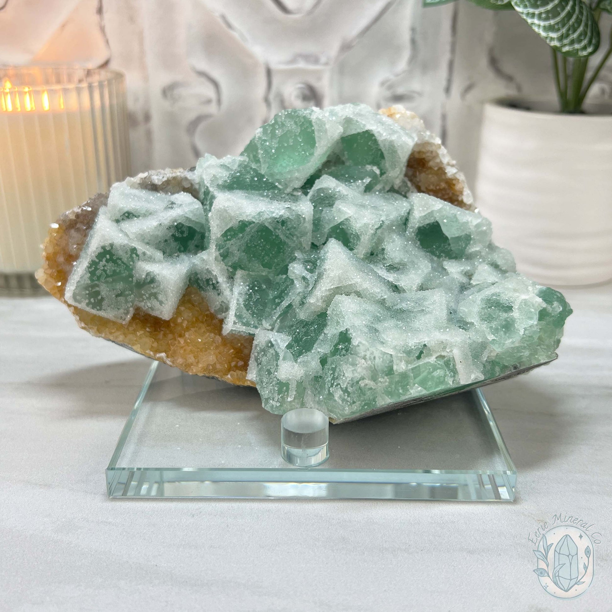 UV Reactive Green Fluorite With Druzy Quartz Specimen