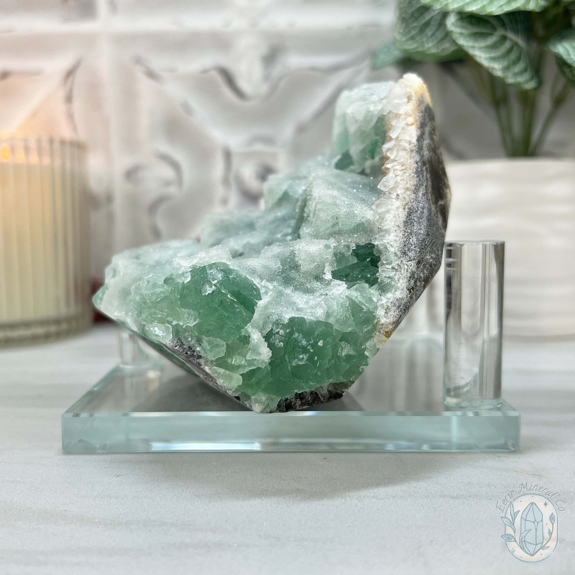 UV Reactive Green Fluorite With Druzy Quartz Specimen